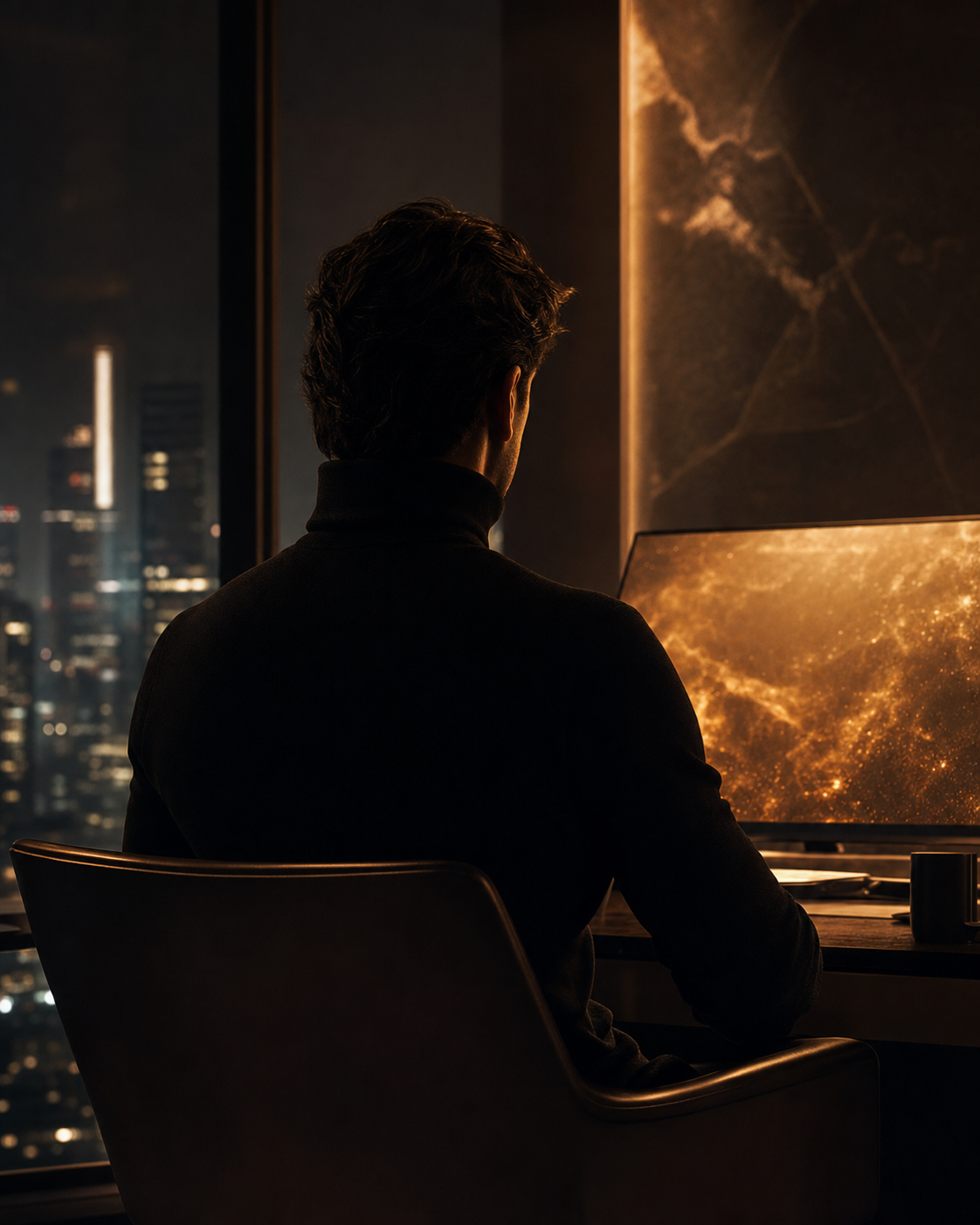 Silhouetted portrait of Dav Liles in a tailored turtleneck, working at a desk lit by a warm amber screen.
